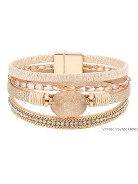 Boho Multi-Layer Cuff Bracelet PU Leather Rhinestone Women Western Jewelry
